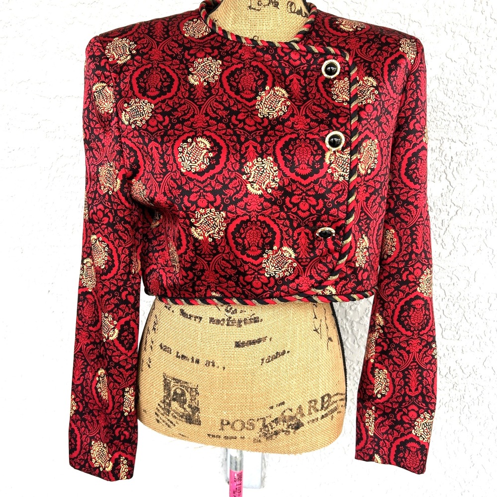 VTG Richard Warren Saks Fifth Ave 100% Silk Cropped Blazer Red Black Gold Sz 12